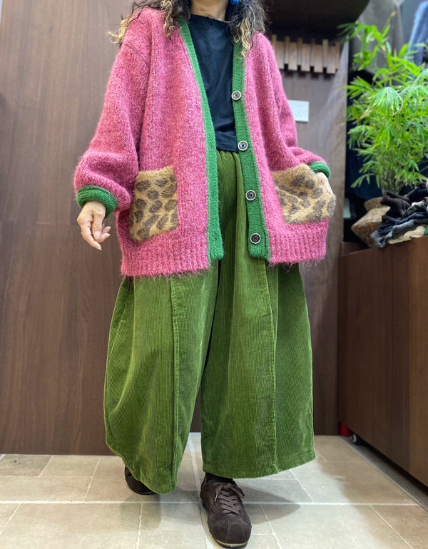 Oversized V-Neck Button Cardigan, Pink with Leopard Pockets