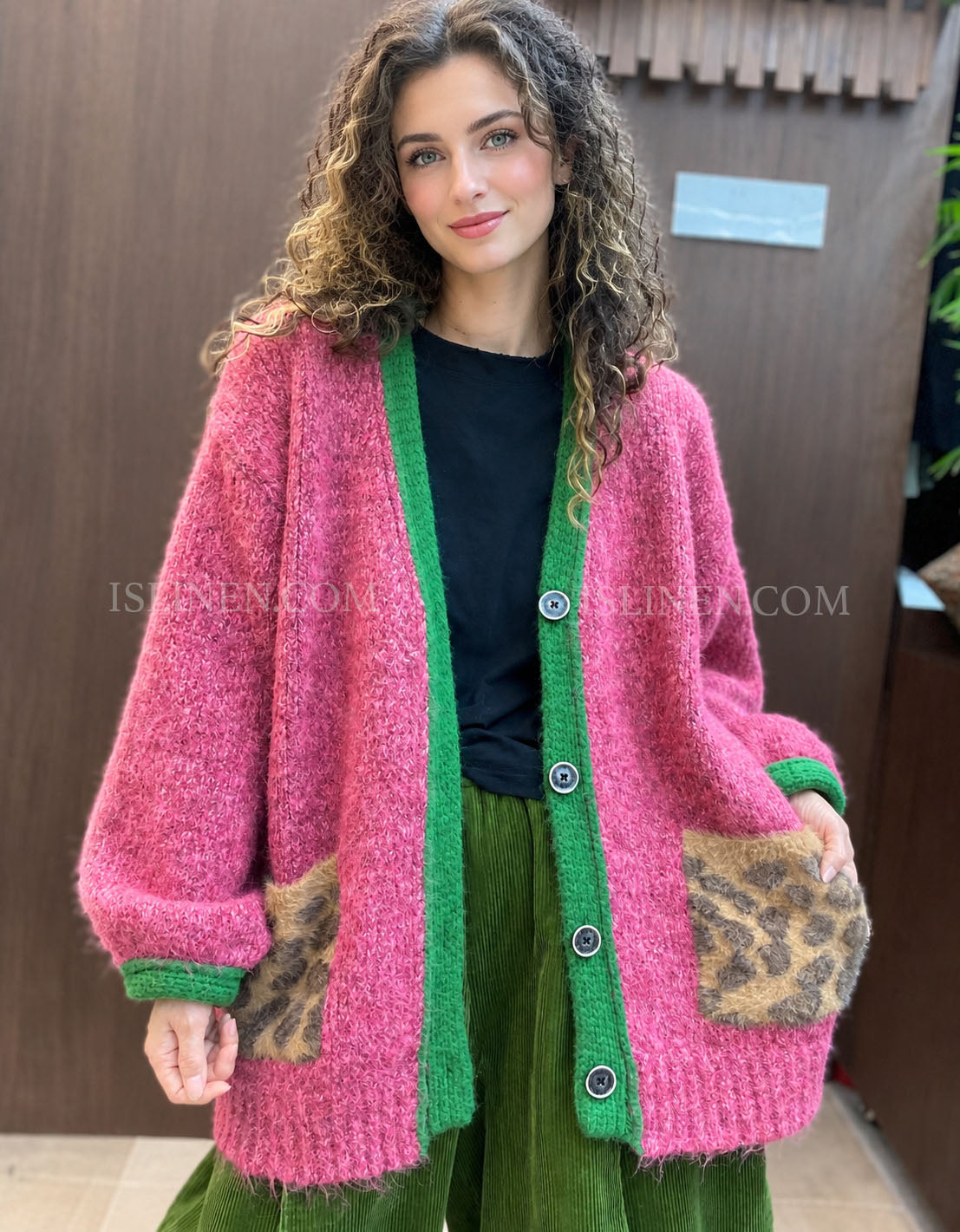 Pink Oversized Green Trim Cardigan with Leopard Pockets