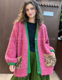 Pink Oversized Green Trim Cardigan with Leopard Pockets