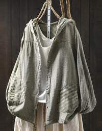 Plus Size Casual Stripe Hooded Cotton Linen Shirt