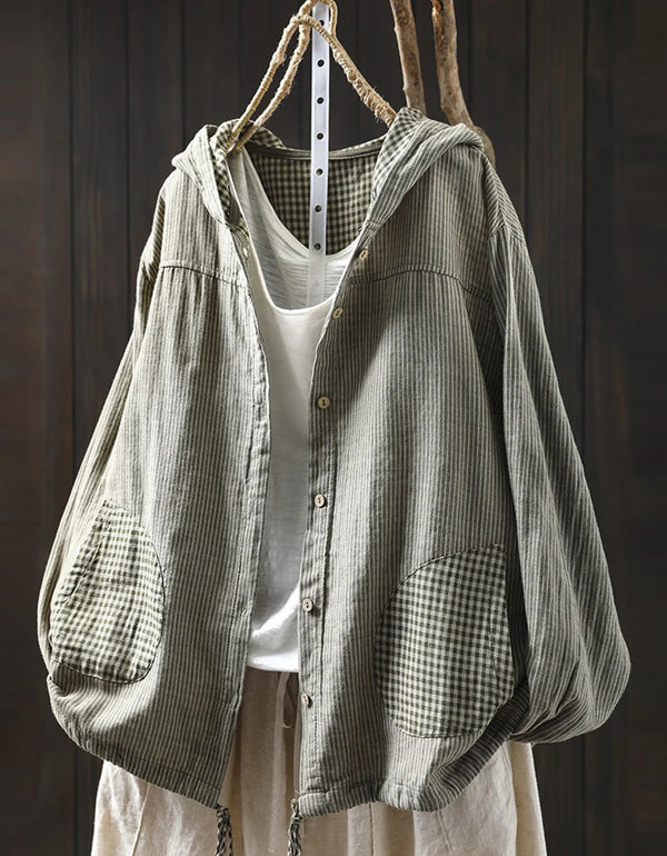 Plus Size Casual Stripe Hooded Cotton Linen Shirt