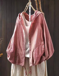 Plus Size Casual Stripe Hooded Cotton Linen Shirt
