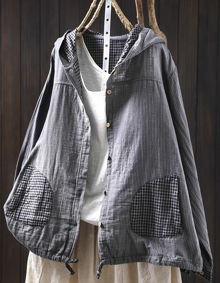 Plus Size Casual Stripe Hooded Cotton Linen Shirt
