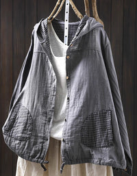 Plus Size Casual Stripe Hooded Cotton Linen Shirt