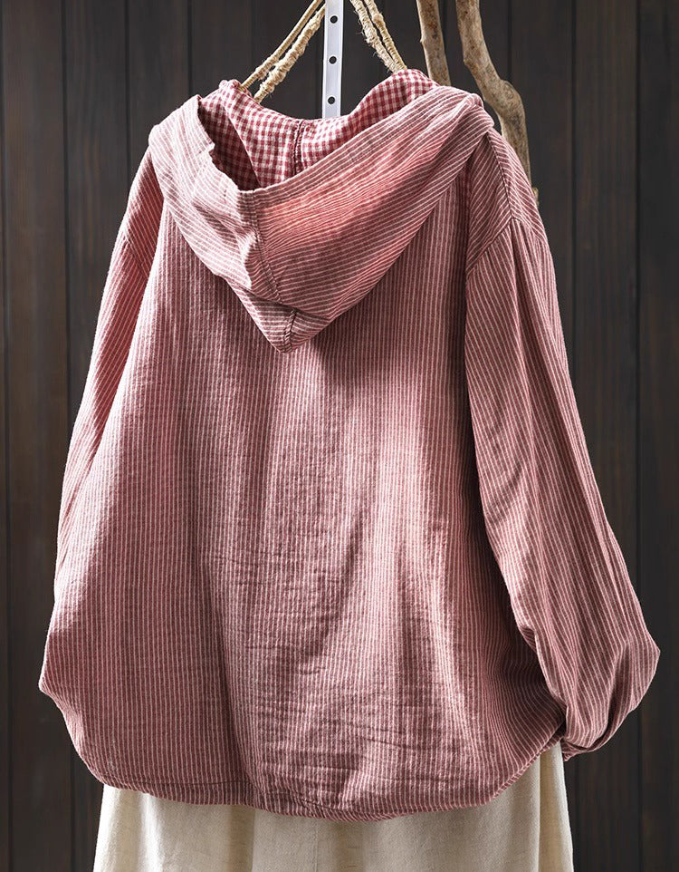 Plus Size Casual Stripe Hooded Cotton Linen Shirt