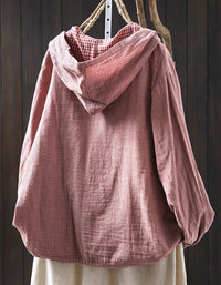 Plus Size Casual Stripe Hooded Cotton Linen Shirt
