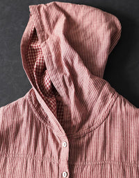 Plus Size Casual Stripe Hooded Cotton Linen Shirt