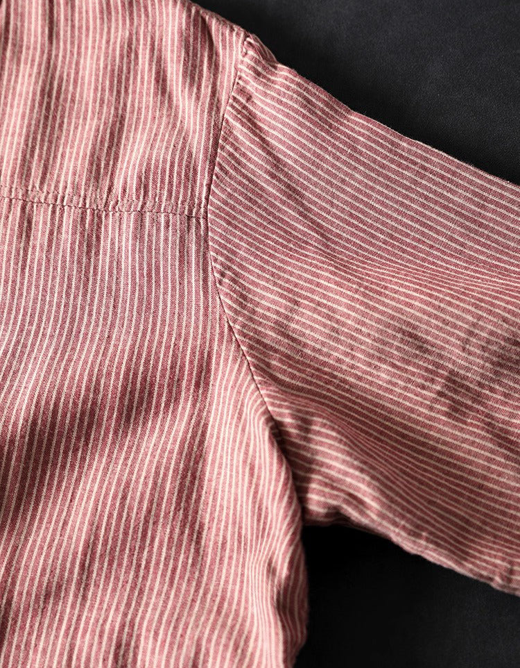 Plus Size Casual Stripe Hooded Cotton Linen Shirt