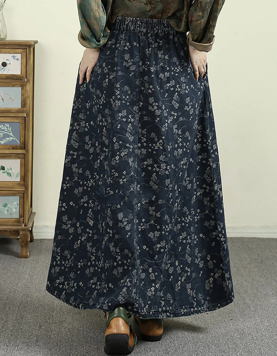 Plus Size Comfortable Retro Floral A-Shape Denim Skirt