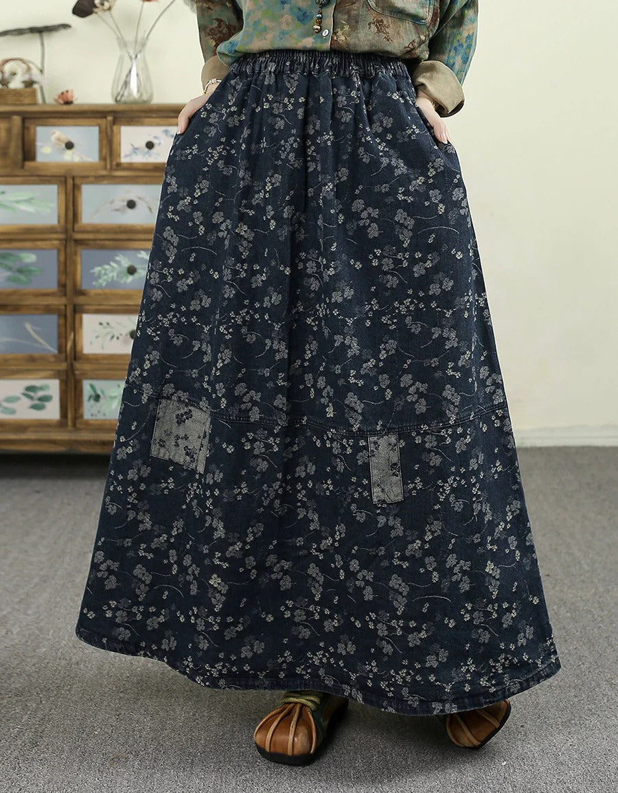 Plus Size Comfortable Retro Floral A-Shape Denim Skirt