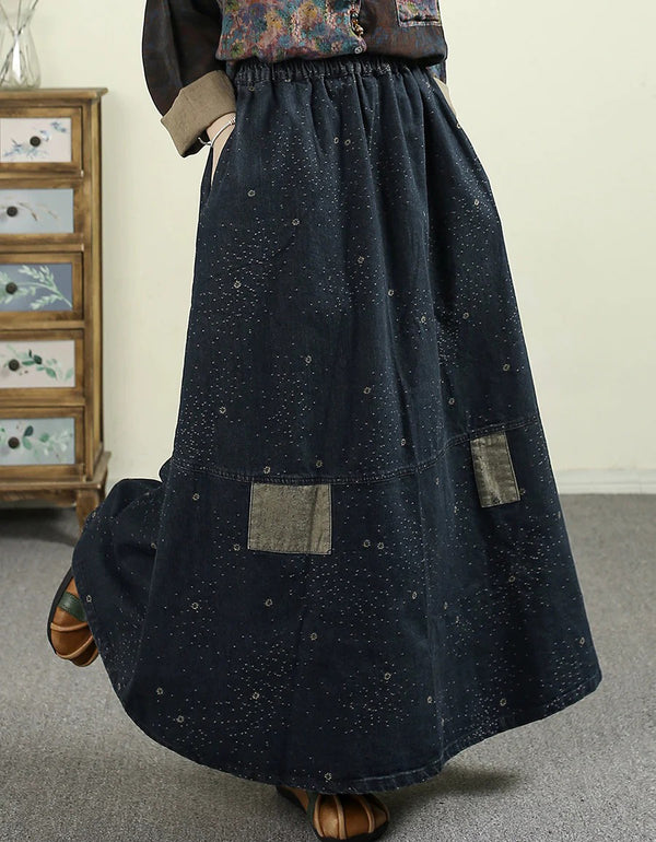 Plus Size Comfortable Retro Floral A-Shape Denim Skirt