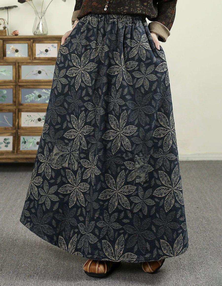 Plus Size Comfortable Retro Floral A-Shape Denim Skirt