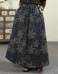 Plus Size Comfortable Retro Floral A-Shape Denim Skirt