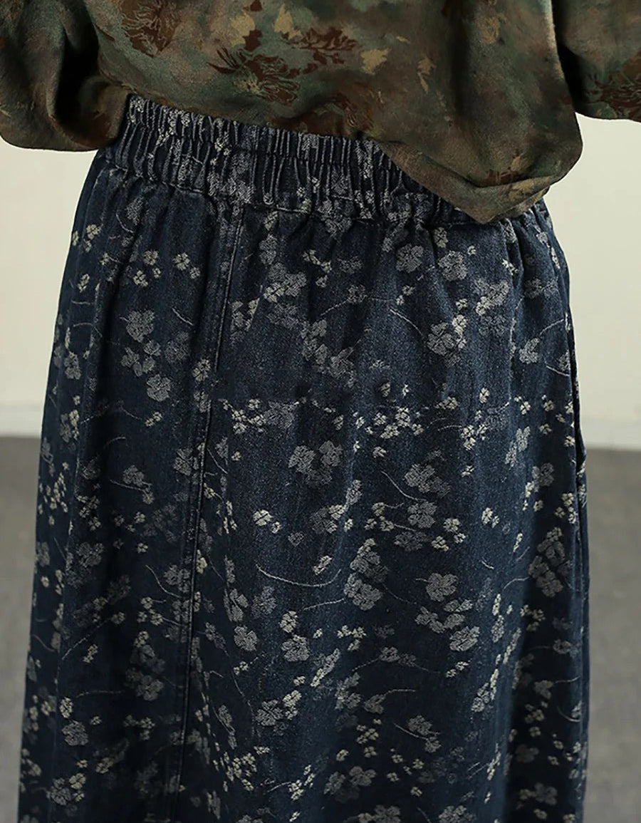 Plus Size Comfortable Retro Floral A-Shape Denim Skirt