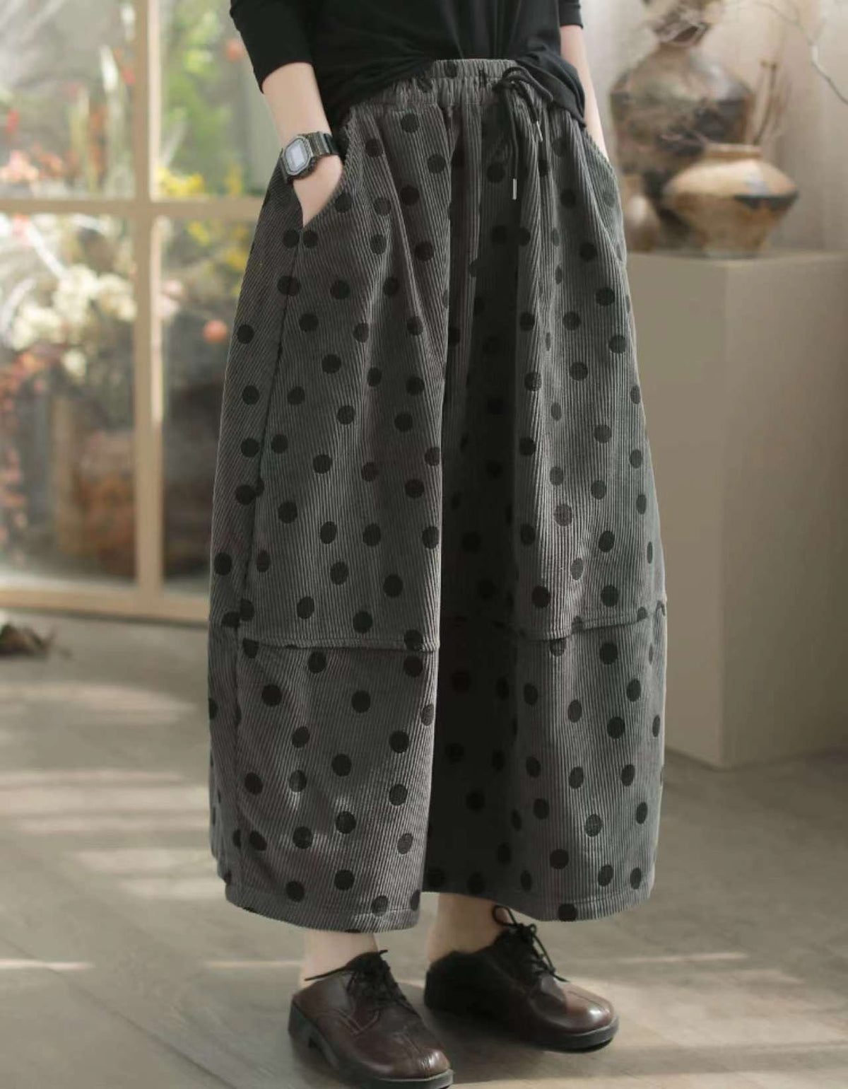 Polka Dot Loose Cotton Corduroy Midi Skirt