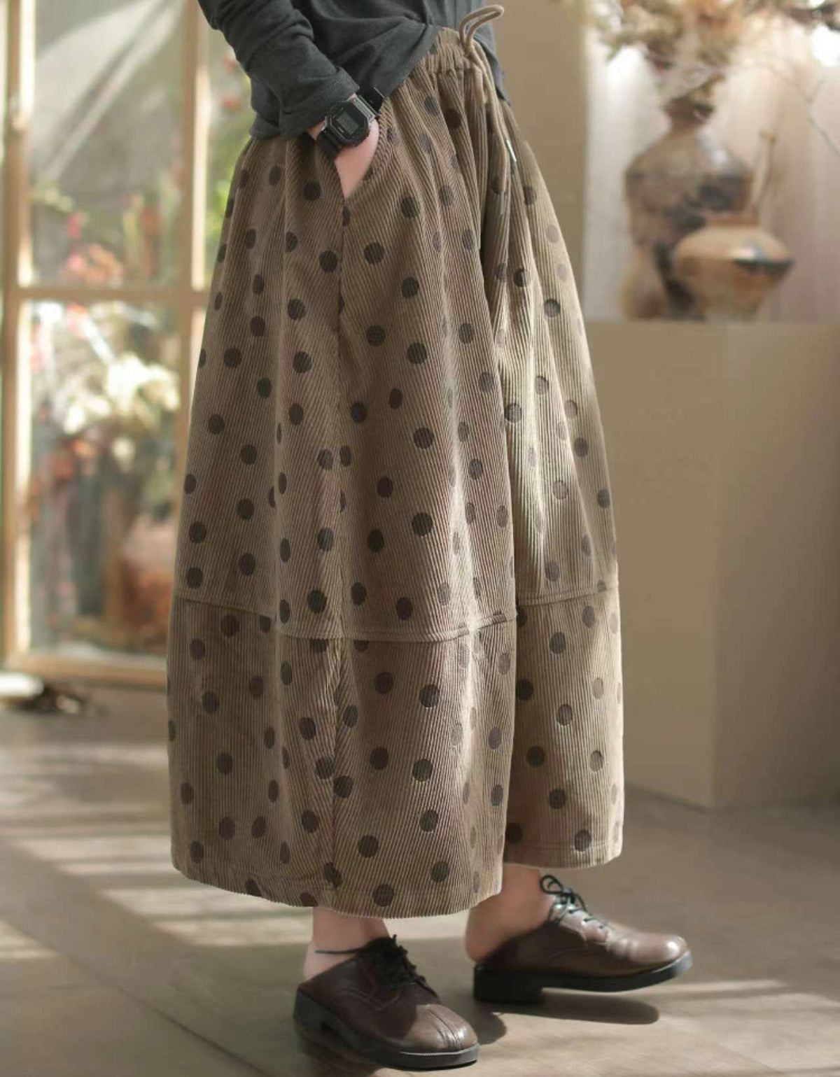 Polka Dot Loose Cotton Corduroy Midi Skirt