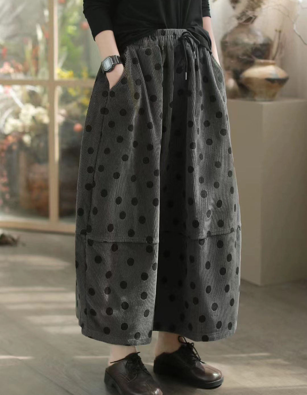 Polka Dot Loose Cotton Corduroy Midi Skirt
