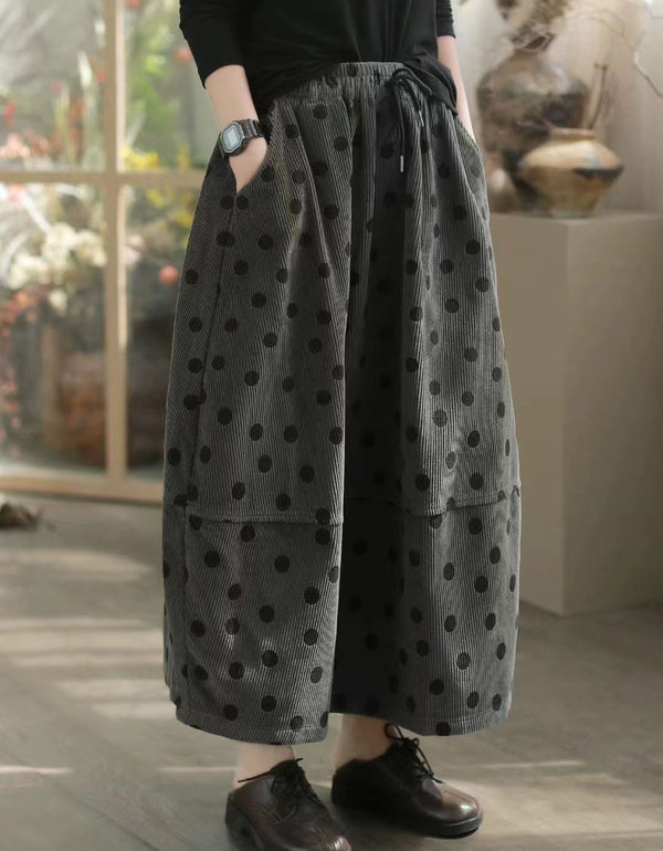 Polka Dot Loose Cotton Corduroy Midi Skirt