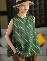 Polka Dot Ramie Pullover Round Neck Sleeveless Vest Top