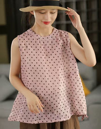 Polka Dot Ramie Pullover Round Neck Sleeveless Vest Top