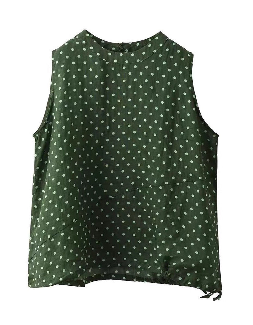 Polka Dot Ramie Pullover Round Neck Sleeveless Vest Top