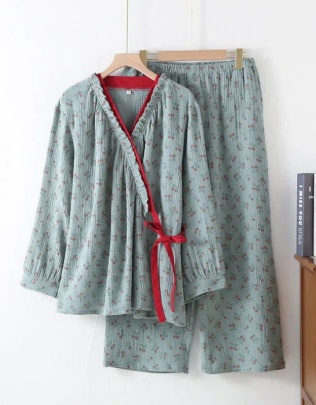 Pure Cotton Floral Print Casual Kimono Sleepwear Set - Islinen