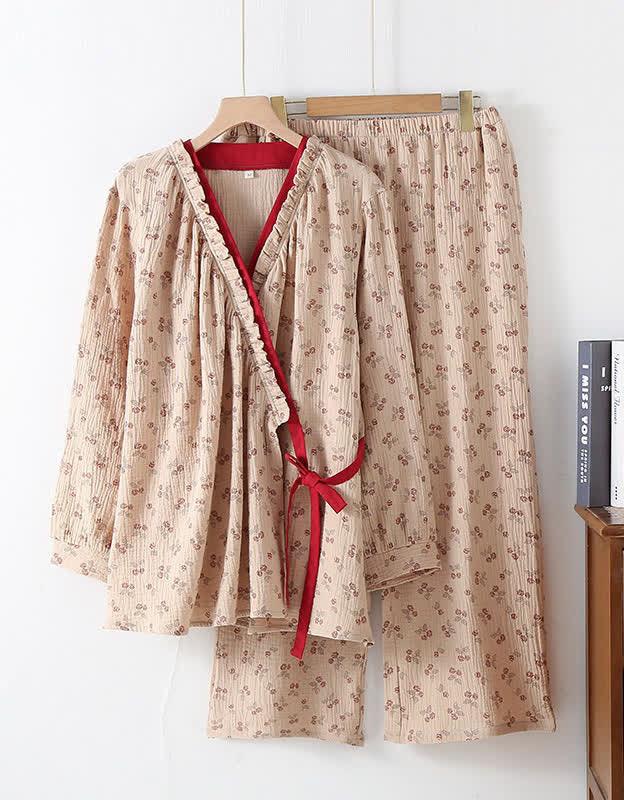 Pure Cotton Floral Print Casual Kimono Sleepwear Set - Islinen