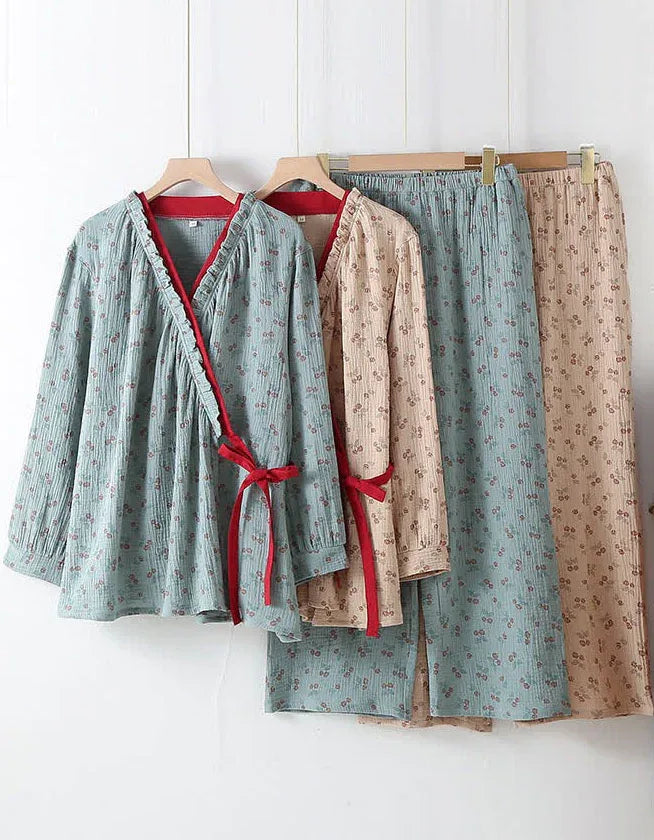 Pure Cotton Floral Print Casual Kimono Sleepwear Set - Islinen
