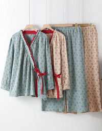 Pure Cotton Floral Print Casual Kimono Sleepwear Set - Islinen