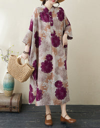 Purple Blossom Print Oversized Cotton Linen Maxi Dress