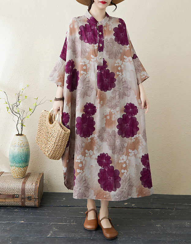 Purple Blossom Print Oversized Cotton Linen Maxi Dress