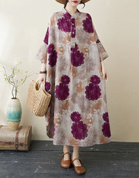 Purple Blossom Print Oversized Cotton Linen Maxi Dress