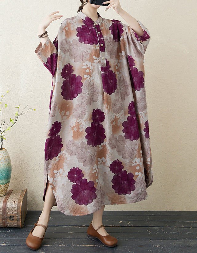 Purple Blossom Print Oversized Cotton Linen Maxi Dress