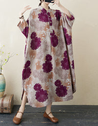 Purple Blossom Print Oversized Cotton Linen Maxi Dress