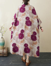 Purple Blossom Print Oversized Cotton Linen Maxi Dress