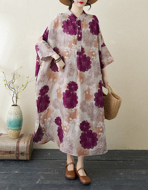Purple Blossom Print Oversized Cotton Linen Maxi Dress