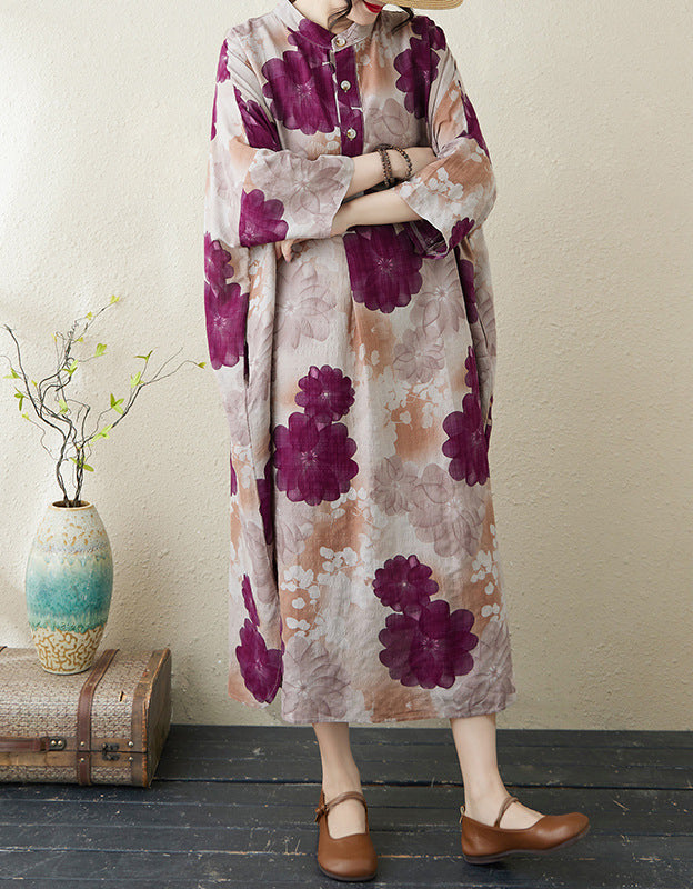 Purple Blossom Print Oversized Cotton Linen Maxi Dress
