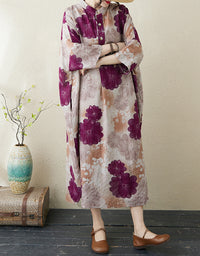 Purple Blossom Print Oversized Cotton Linen Maxi Dress