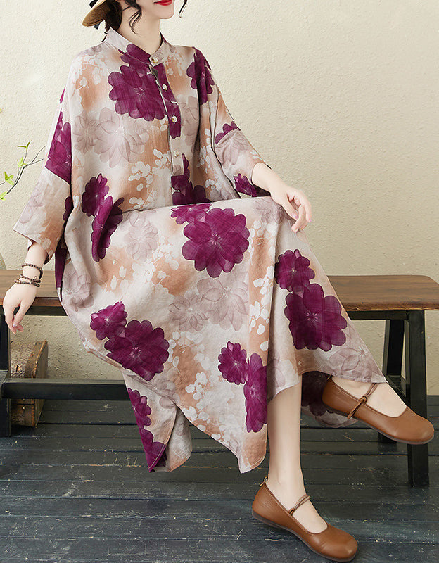 Purple Blossom Print Oversized Cotton Linen Maxi Dress