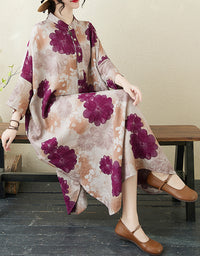 Purple Blossom Print Oversized Cotton Linen Maxi Dress