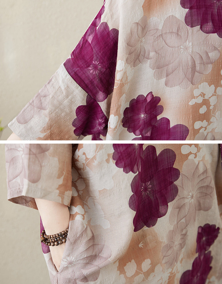 Purple Blossom Print Oversized Cotton Linen Maxi Dress