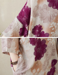 Purple Blossom Print Oversized Cotton Linen Maxi Dress