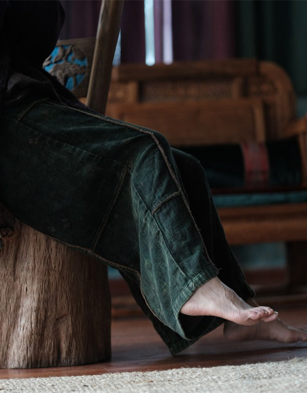 Raw-edge Cotton Loose Casual Wide-Leg Pants Green