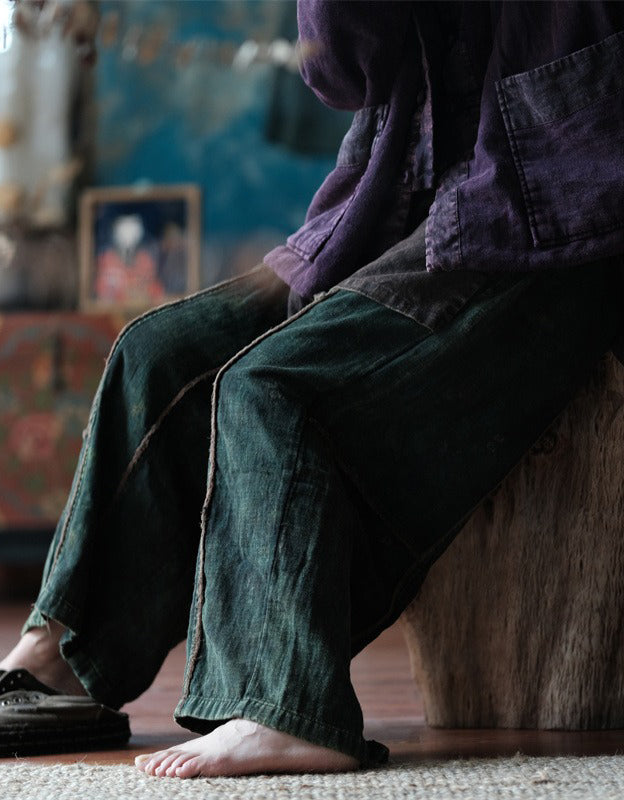 Raw-edge Cotton Loose Casual Wide-Leg Pants Green