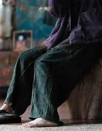 Raw-edge Cotton Loose Casual Wide-Leg Pants Green