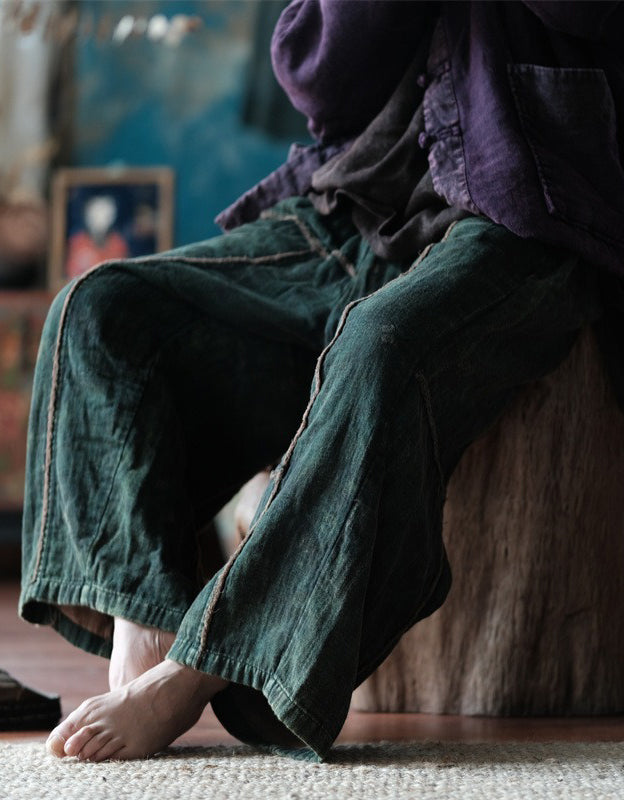 Raw-edge Cotton Loose Casual Wide-Leg Pants Green