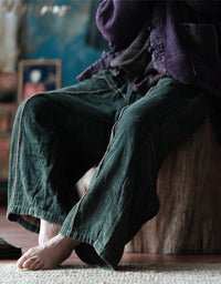Raw-edge Cotton Loose Casual Wide-Leg Pants Green