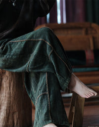 Raw-edge Cotton Loose Casual Wide-Leg Pants Green