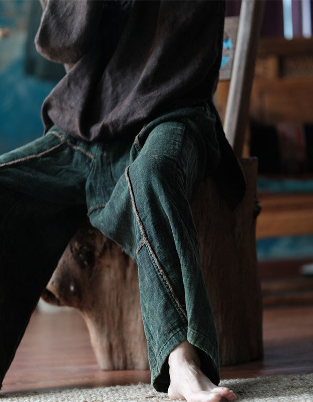 Raw-edge Cotton Loose Casual Wide-Leg Pants Green