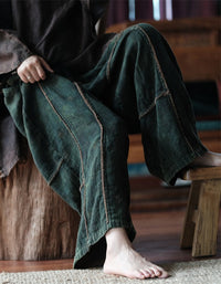 Raw-edge Cotton Loose Casual Wide-Leg Pants Green